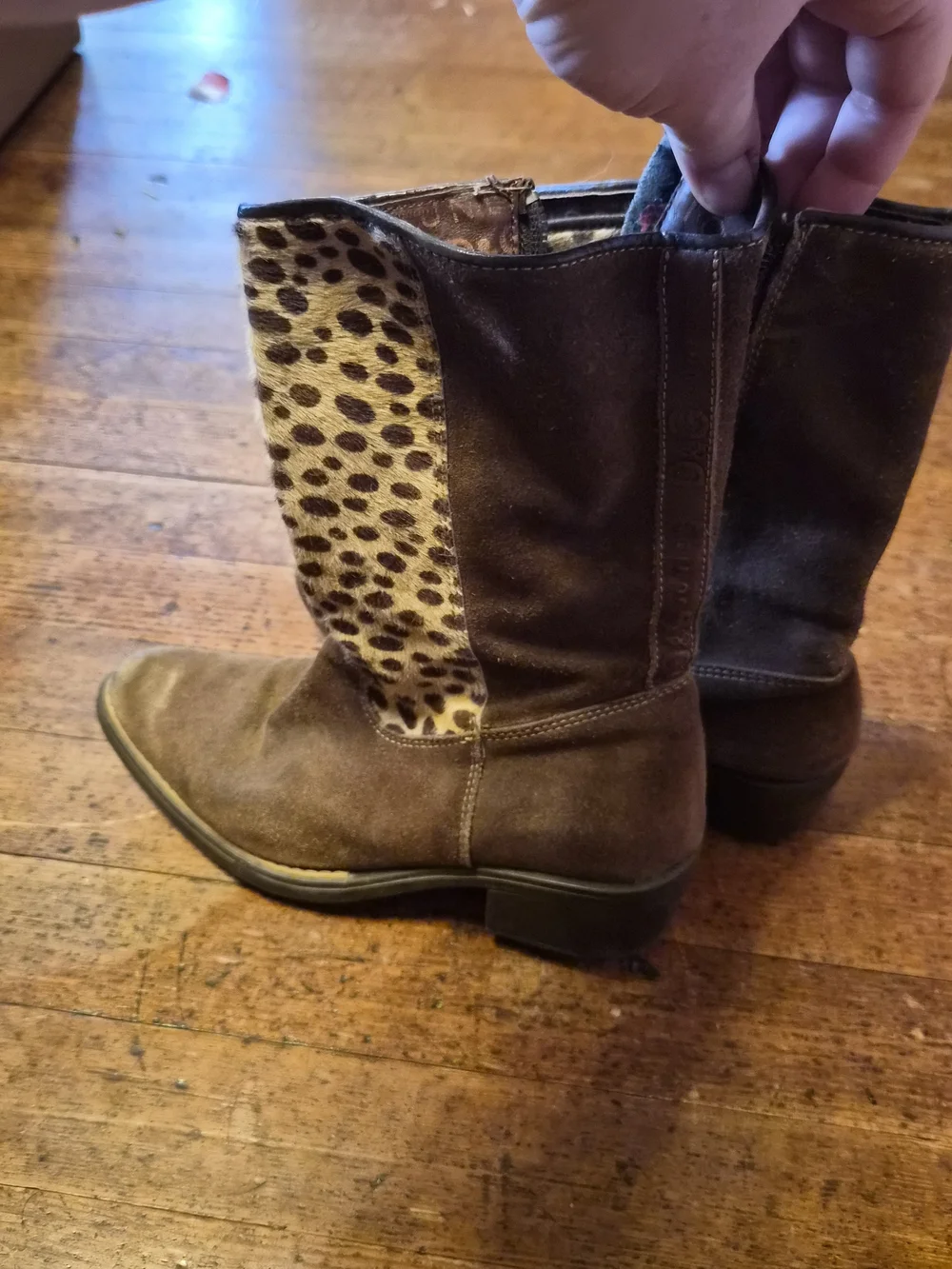 D&G Brown Suede Ankle Boots with Leopard-Print Lining and Plaid Detail